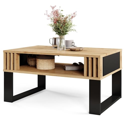 Viosimc Moderner Couchtisch mit Holzdekor-Lamellen, Rechteckiger Wohnzimmertisch mit Regal und Dekorativen Lamellen, Eleganter Zentraler Tisch für Wohnzimmer im Zeitgenössischen Design von Viosimc