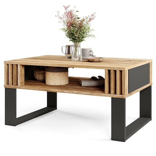 Viosimc Moderner Couchtisch mit Holzdekor-Lamellen, Rechteckiger Wohnzimmertisch mit Regal und Dekorativen Lamellen, Eleganter Zentraler Tisch für Wohnzimmer im Zeitgenössischen Design von Viosimc