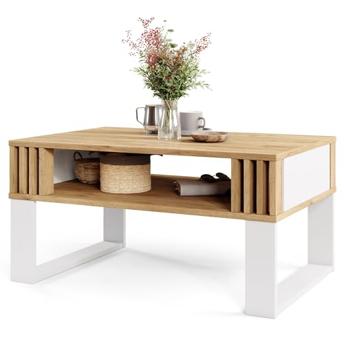 Viosimc Moderner Couchtisch mit Holzdekor-Lamellen, Rechteckiger Wohnzimmertisch mit Regal und Dekorativen Lamellen, Eleganter Zentraler Tisch für Wohnzimmer im Zeitgenössischen Design von Viosimc