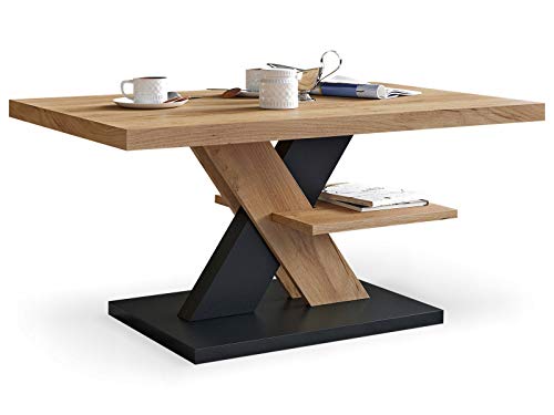 Viosimc Moderner Wohnzimmertisch, Couchtisch Eiche & Schwarz, Wohnzimmer Sofatisch Kaffeetisch, Modern Matt Sofa Tisch mit Großer Ablage, Mittel- oder Beistelltisch für Tee und Kaffee von Viosimc