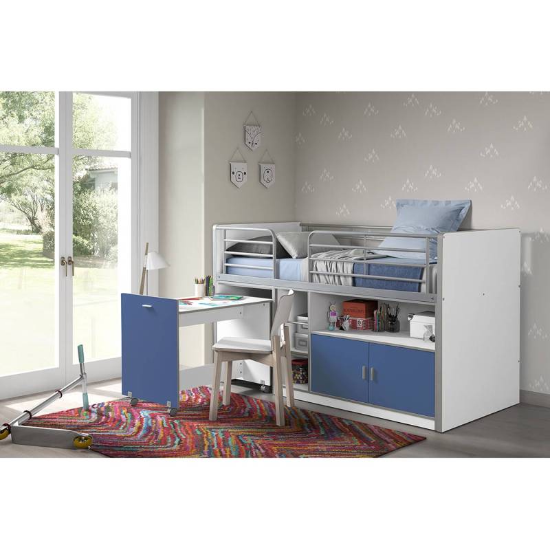 home24 Hochbett mit Schreibtisch 90 x 200cm Weiß/Blau von home24