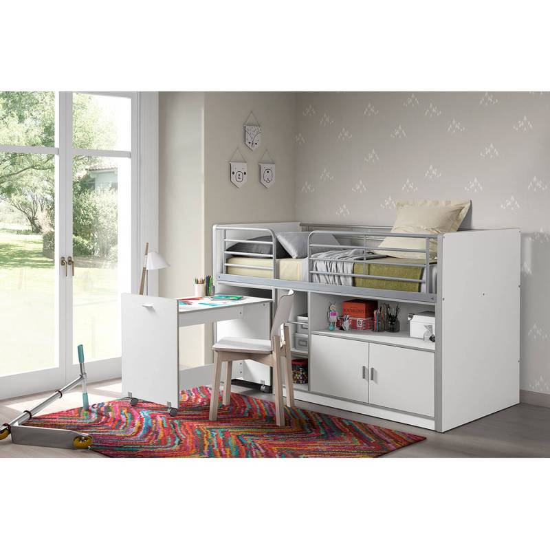home24 Hochbett mit Schreibtisch 90 x 200cm Weiß/Weiß von home24