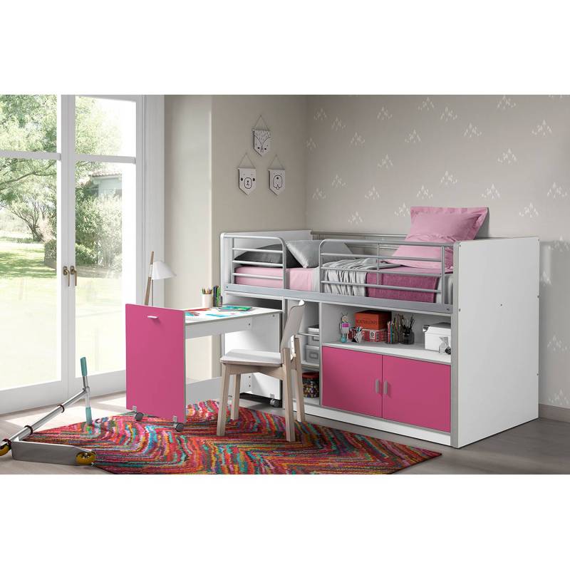 home24 Hochbett mit Schreibtisch 90 x 200cm Weiß/Pink von home24