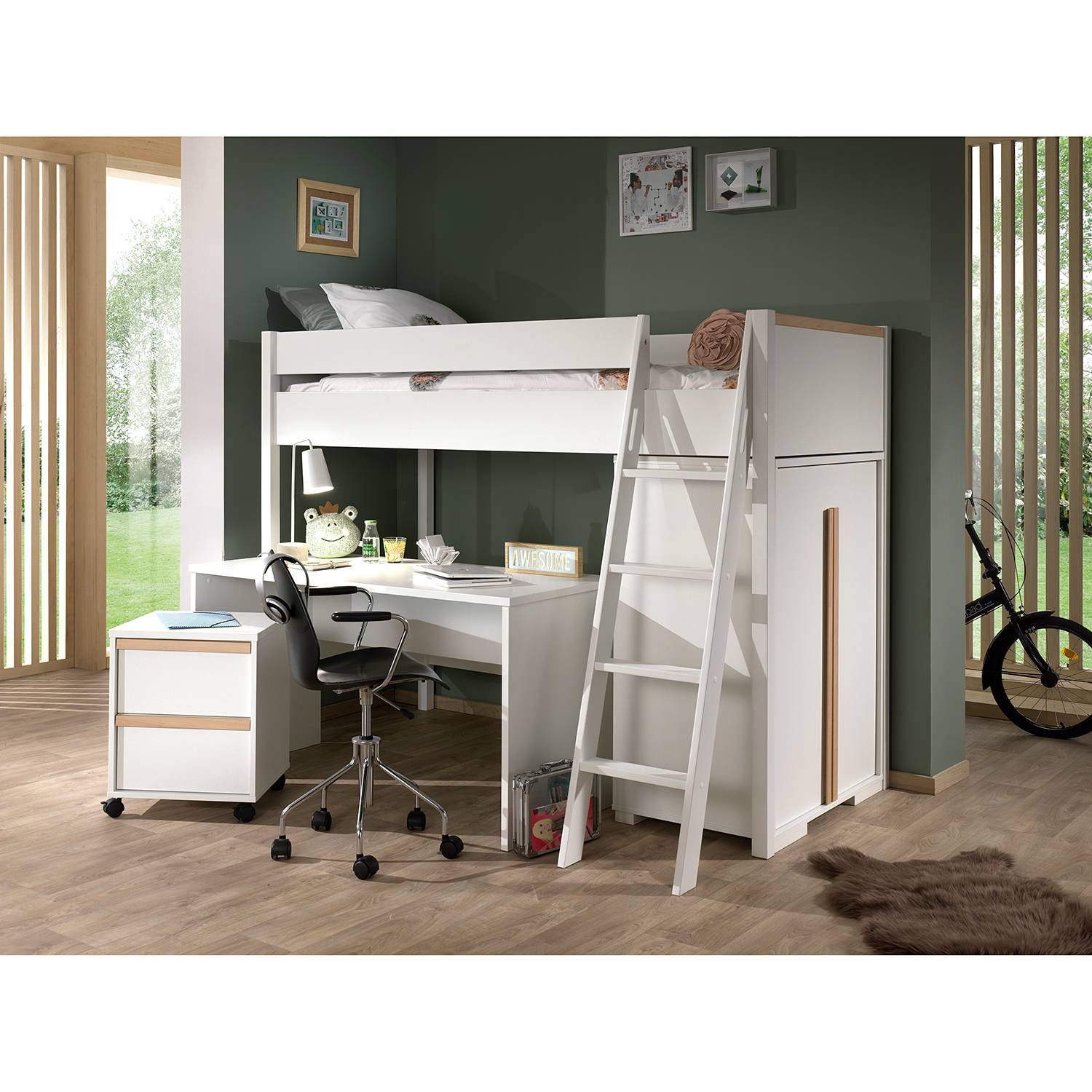 home24 Hochbett-Komplettset 4-teilig 90 x 200cm Weiß/Weiß von home24