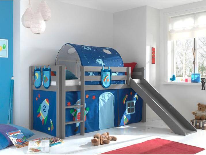 Hochbett VIPACK Pino, Spielbett massiv Kiefer, stabil gebaut, 3 Korpusfarben zur Wahl , grau (grau lackiert, astronaut), B:218cm H:214cm L:210cm, Hochbetten, Textil-Set Astronaut , inkl. Vorhang, mit oder ohne Tunnel von Vipack