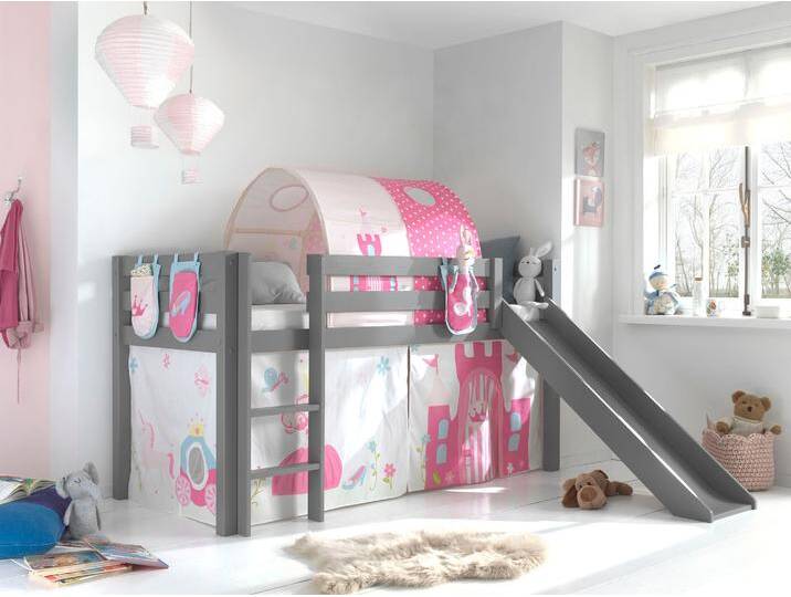 Hochbett VIPACK Pino, Spielbett massiv Kiefer, stabil gebaut, 3 Korpusfarben zur Wahl , grau (grau lackiert, prinzessin), B:218cm H:214cm L:210cm, Hochbetten, Textil-Set Princess , inkl. Vorhang, mit oder ohne Tunnel von Vipack
