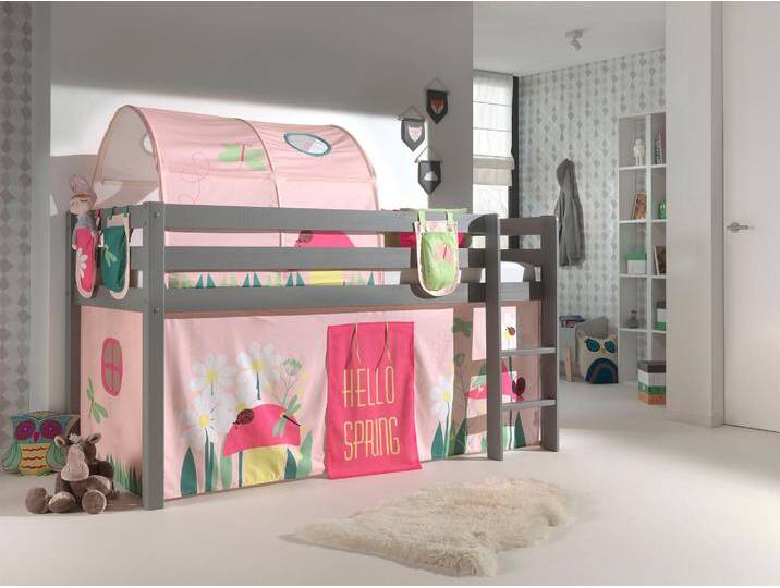 Hochbett VIPACK Pino, Spielbett massiv Kiefer, stabil gebaut, 3 Korpusfarben zur Wahl , grau (grau lackiert, spring), B:106cm H:214cm L:210cm, Hochbetten, Textil-Set Spring , inkl. Vorhang, mit oder ohne Tunnel von Vipack