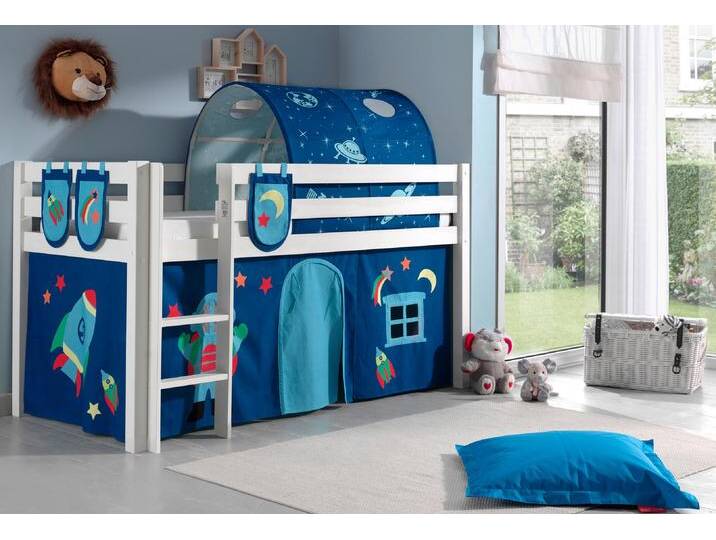 Hochbett VIPACK Pino, Spielbett massiv Kiefer, stabil gebaut, 3 Korpusfarben zur Wahl , weiß (weiß lackiert, astronaut), B:106cm H:214cm L:210cm, Hochbetten, Textil-Set Astronaut , inkl. Vorhang, mit oder ohne Tunnel von Vipack