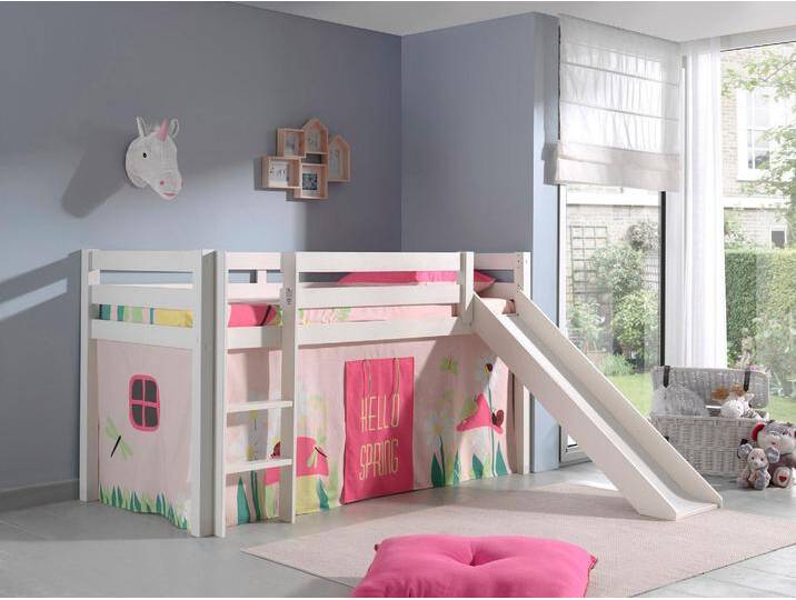 Hochbett VIPACK Pino, Spielbett massiv Kiefer, stabil gebaut, 3 Korpusfarben zur Wahl , weiß (weiß lackiert, spring), B:218cm H:114cm L:210cm, Hochbetten, Textil-Set Spring , inkl. Vorhang, mit oder ohne Tunnel von Vipack