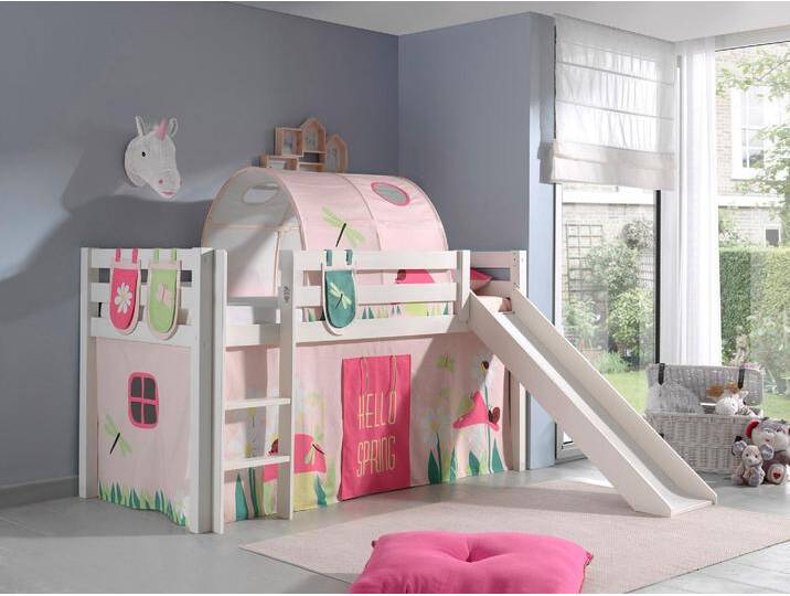 Hochbett VIPACK Pino, Spielbett massiv Kiefer, stabil gebaut, 3 Korpusfarben zur Wahl , weiß (weiß lackiert, spring), B:218cm H:214cm L:210cm, Hochbetten, Textil-Set Spring , inkl. Vorhang, mit oder ohne Tunnel von Vipack