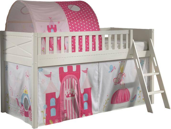 Hochbett VIPACK Scott , weiß (weiß, beige mit design prinzessin, weiß, weiß), B:134,7cm H:114cm L:207,6cm, 100% Baumwolle, Hochbetten, mit schräger Leiter, LF 90x200 cm, Vorhang, Tunnel, 4 Designs von Vipack