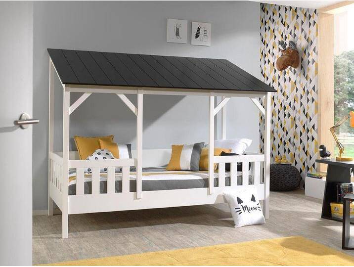 Kinderbett VIPACK Hausbett, aus MDF und Massivholz, Dach schwarz oder weiß , schwarz-weiß (weiß, schwarz), B:105cm H:174cm L:214cm, Betten, wahlweise mit oder ohne Bettschublade auf Rollen von Vipack