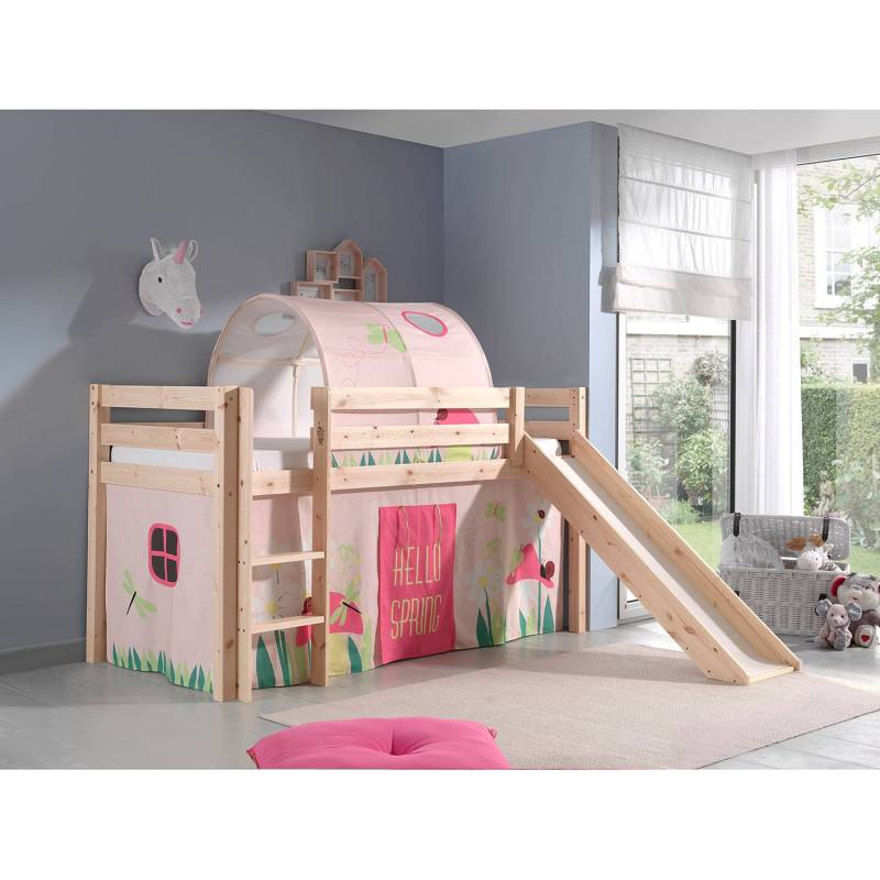 home24 Spielbett Spring 90 x 200cm Beige/Kiefer Natur mit Rutsche/mit Tunnel/mit Leiter von home24