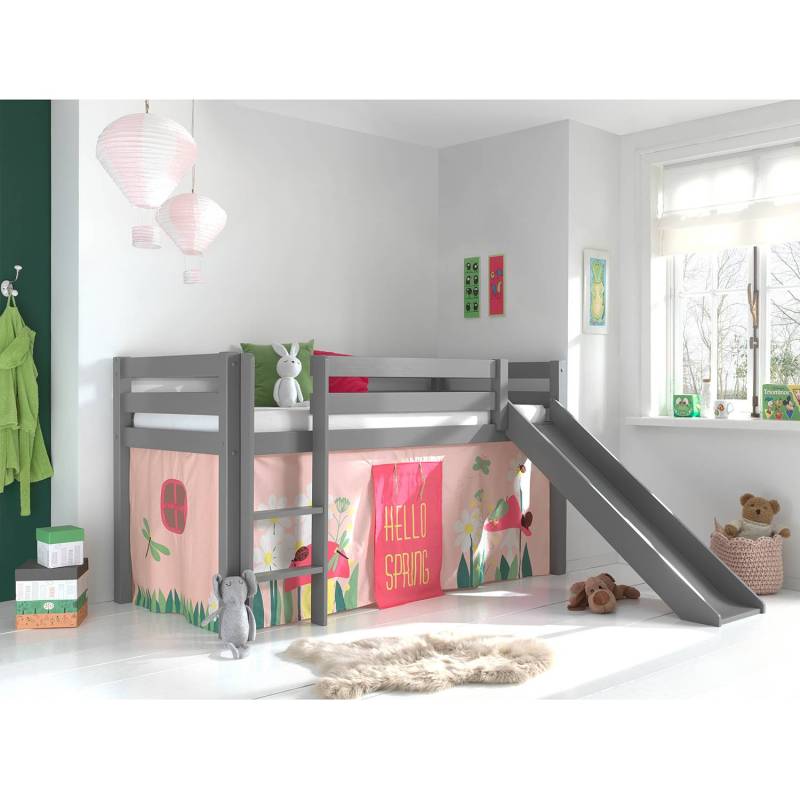home24 Spielbett Spring 90 x 200cm Grau/Kiefer Grau mit Rutsche/mit Leiter von home24