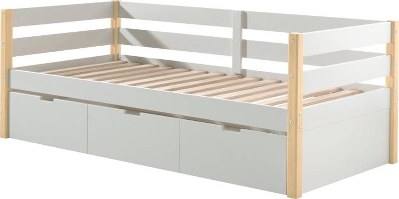 Vipack Einzelbett Magrit, Kojenbett mit seitlichem Umbau, Liegefläche 90 x 200cm (B/H/T ca. 211,2x76,6x97,8cm, Pfosten massiv, Umbau MDF weiß lackiert), universell einsetzbar, wahlweise mit und ohne Bettschublade von Vipack