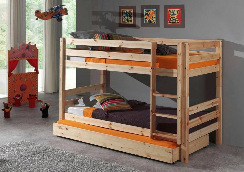 Vipack Etagenbett Pino, inkl. Rolllattenrost, Leiter und Absturzschutz (B/H/T ca. 210x140x105cm, massiv Kiefer 2 Farben zur Wahl), optional mit Bettschublade auf Rollen von Vipack
