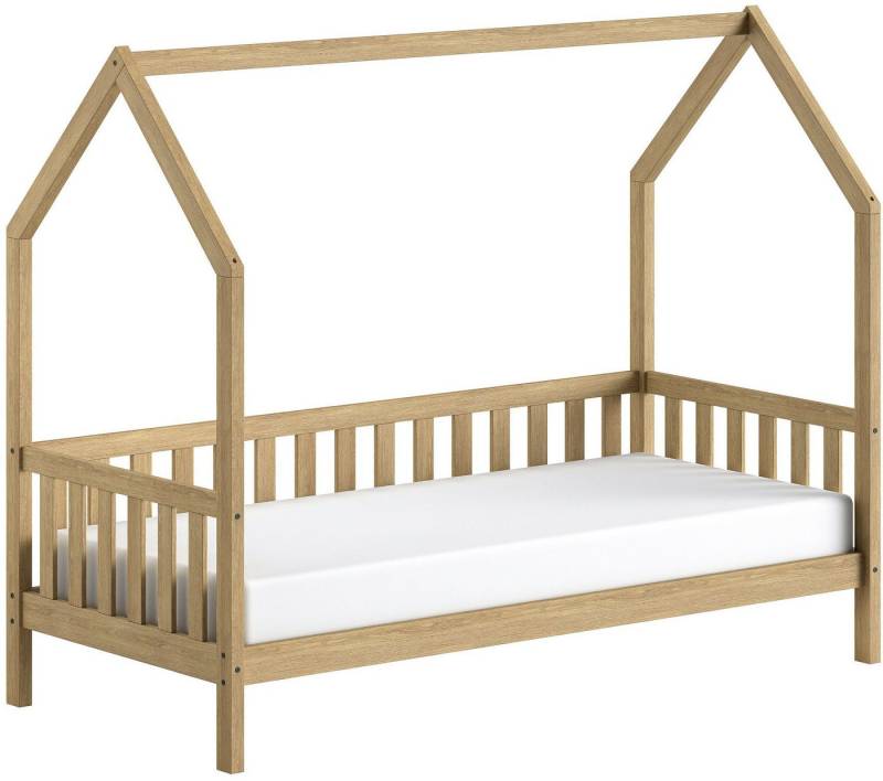 Vipack Hausbett Cabane, mit Dachaufbau und Sprossenumrandung in Landhaus-Optik (B/H/T ca. 208x169x98 cm) aus massiver Eiche, Oberfläche Natur), sehr stabil und standfest gebaut inkl. Massivholz Rolllattenrost von Vipack