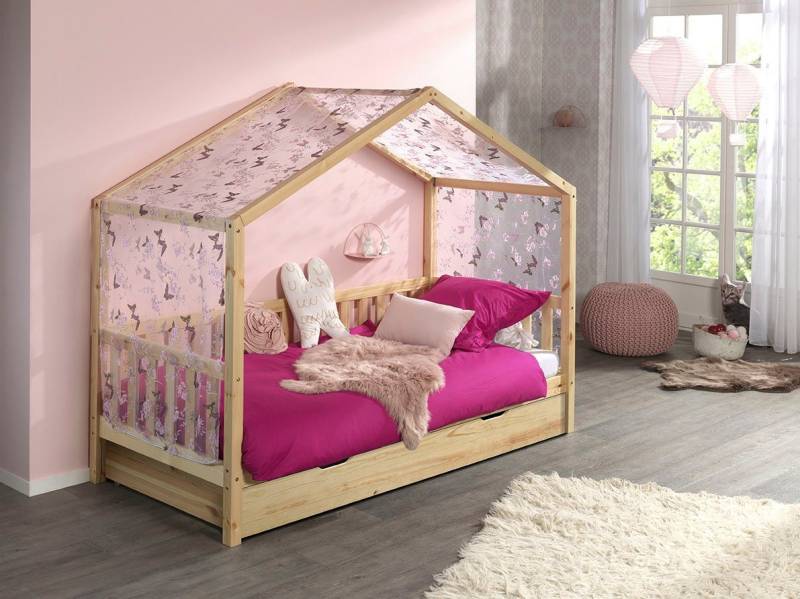 Vipack Hausbett Dallas, mit Dachaufbau, Kiefer massiv, stabil gebaut (B/H/T ca. 210x170x97cm, mit Sprossenumrandung), wahlweise mit oder ohne Bettschublade und Textilhimmel von Vipack