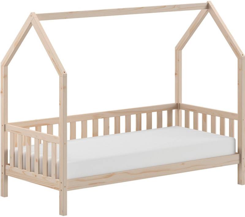 Vipack Hausbett Cabane, mit Dachaufbau und Sprossenumrandung in Landhaus-Optik (B/H/T ca. 208x169x98 cm) aus massiver Eiche, Oberfläche Natur), sehr stabil und standfest gebaut inkl. Massivholz Rolllattenrost von Vipack