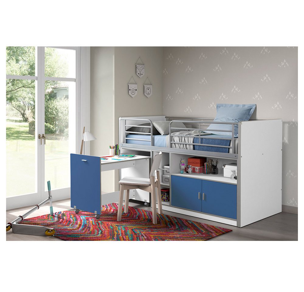 Lomadox Hochbett 90x200cm, mit rollbarem Schreibtisch und Stauraum, weiß/blau von Lomadox