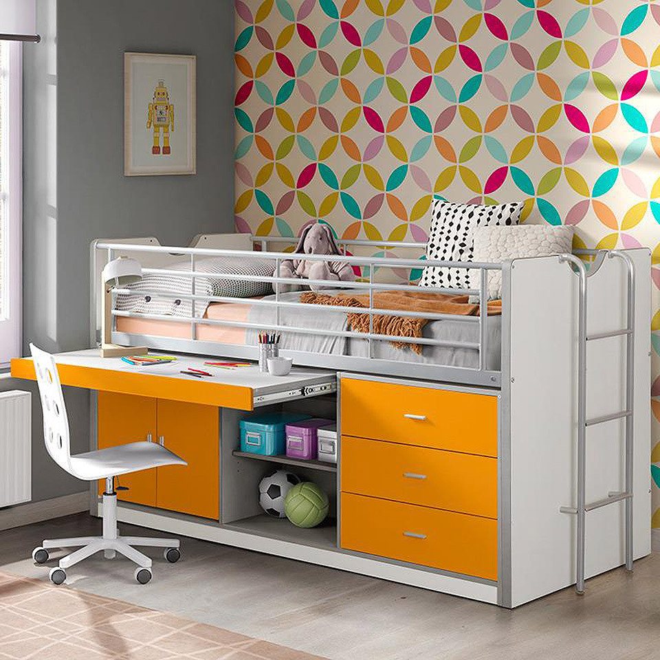 Lomadox Hochbett 90x200cm, mit ausziehbarem Schreibtisch und Stauram, weiß/orange von Lomadox
