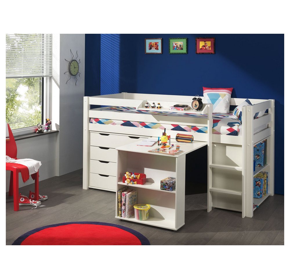 Lomadox Hochbett »PINOO-12« Kinderzimmer in Kiefer massiv weiß lackiert mit und Schreibtisch, B/H/T: ca. 210/114/106 cm von Lomadox