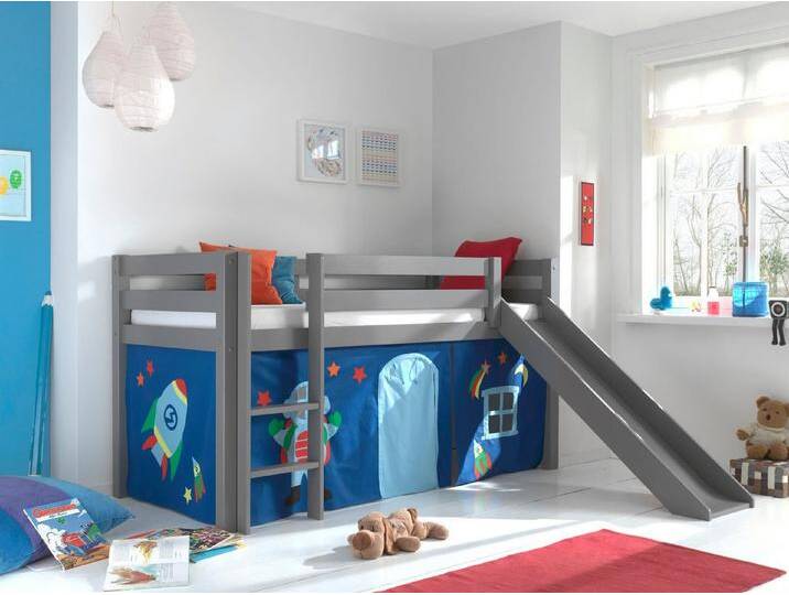Vipack Hochbett Pino, Spielbett massiv Kiefer, stabil gebaut, 3 Korpusfarben zur Wahl (inkl. Rolllattenrost, Leiter und Absturzschutz, mit oder ohne Rutsche) Textil-Set Astronaut , inkl. Vorhang, mit oder ohne Tunnel, grau von Vipack
