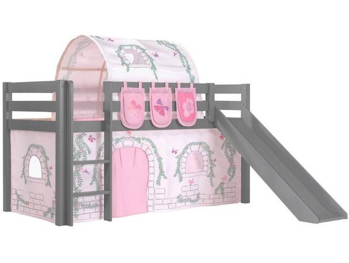Vipack Hochbett Pino, Spielbett massiv Kiefer, stabil gebaut, 3 Korpusfarben zur Wahl (inkl. Rolllattenrost, Leiter und Absturzschutz, mit oder ohne Rutsche) Textil-Set Astronaut , inkl. Vorhang, mit oder ohne Tunnel, grau von Vipack