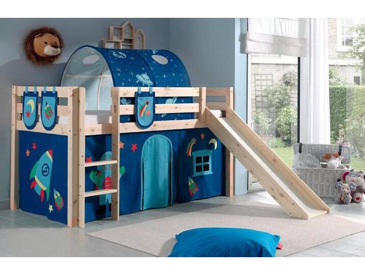Vipack Hochbett Pino, Spielbett massiv Kiefer, stabil gebaut, 3 Korpusfarben zur Wahl (inkl. Rolllattenrost, Leiter und Absturzschutz, mit oder ohne Rutsche) Textil-Set Astronaut , inkl. Vorhang, mit oder ohne Tunnel, beige von Vipack