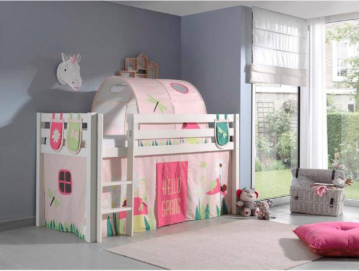 Vipack Hochbett Pino, Spielbett massiv Kiefer, stabil gebaut, 3 Korpusfarben zur Wahl (inkl. Rolllattenrost, Leiter und Absturzschutz, mit oder ohne Rutsche) Textil-Set Spring , inkl. Vorhang, mit oder ohne Tunnel, weiß von Vipack