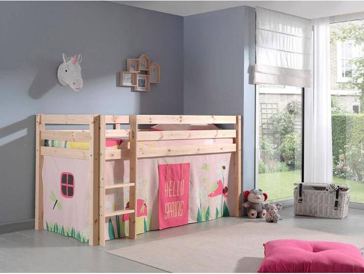 Vipack Hochbett Pino, Spielbett massiv Kiefer, stabil gebaut, 3 Korpusfarben zur Wahl (inkl. Rolllattenrost, Leiter und Absturzschutz, mit oder ohne Rutsche) Textil-Set Spring , inkl. Vorhang, mit oder ohne Tunnel, beige von Vipack