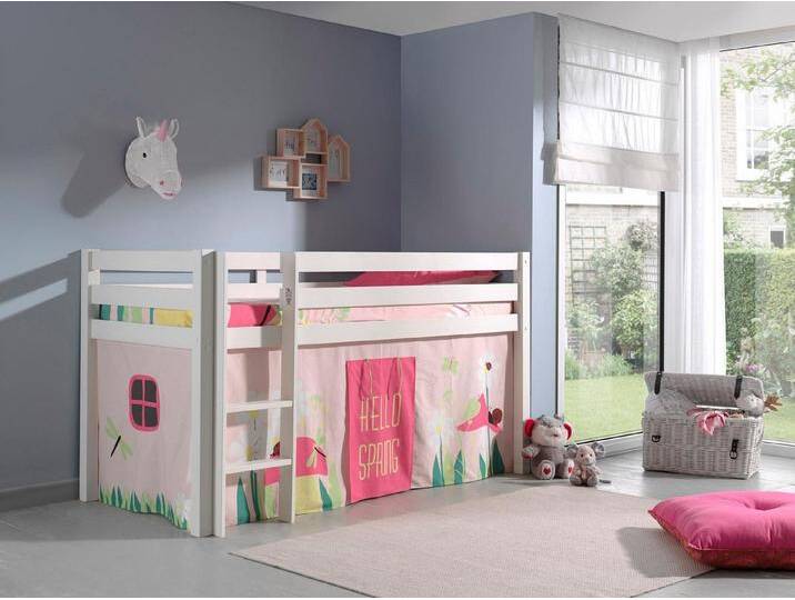 Vipack Hochbett Pino, Spielbett massiv Kiefer, stabil gebaut, 3 Korpusfarben zur Wahl (inkl. Rolllattenrost, Leiter und Absturzschutz, mit oder ohne Rutsche) Textil-Set Spring , inkl. Vorhang, mit oder ohne Tunnel, weiß von Vipack