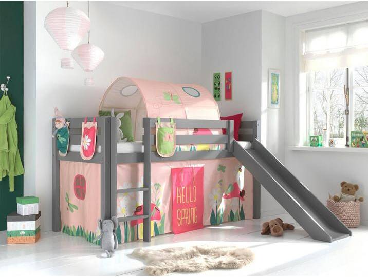 Vipack Hochbett Pino, Spielbett massiv Kiefer, stabil gebaut, 3 Korpusfarben zur Wahl (inkl. Rolllattenrost, Leiter und Absturzschutz, mit oder ohne Rutsche) Textil-Set Spring , inkl. Vorhang, mit oder ohne Tunnel, grau von Vipack