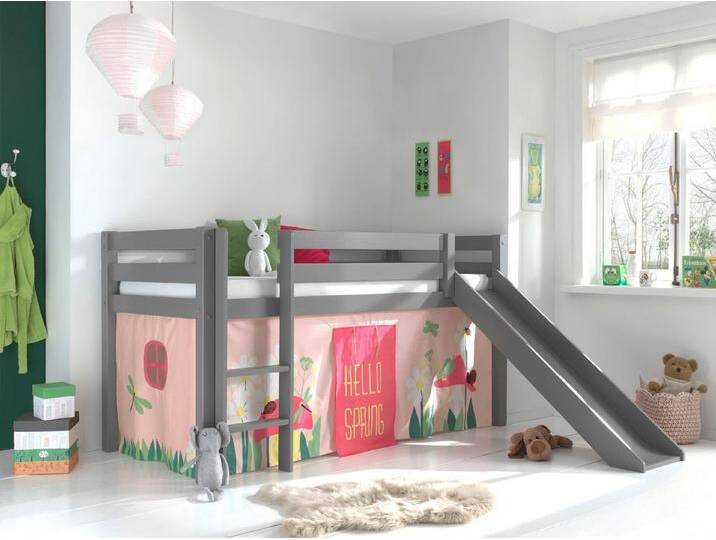 Vipack Hochbett Pino, Spielbett massiv Kiefer, stabil gebaut, 3 Korpusfarben zur Wahl (inkl. Rolllattenrost, Leiter und Absturzschutz, mit oder ohne Rutsche) Textil-Set Spring , inkl. Vorhang, mit oder ohne Tunnel, grau von Vipack