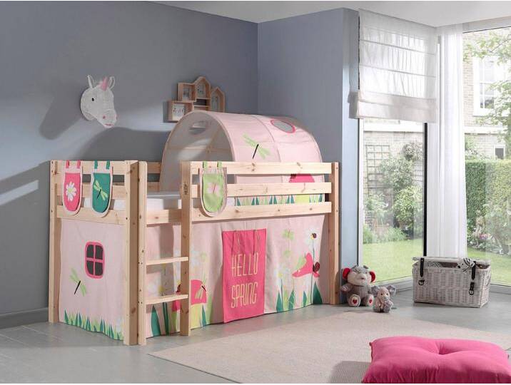 Vipack Hochbett Pino, Spielbett massiv Kiefer, stabil gebaut, 3 Korpusfarben zur Wahl (inkl. Rolllattenrost, Leiter und Absturzschutz, mit oder ohne Rutsche) Textil-Set Spring , inkl. Vorhang, mit oder ohne Tunnel, beige von Vipack
