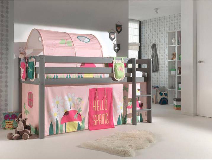 Vipack Hochbett Pino, Spielbett massiv Kiefer, stabil gebaut, 3 Korpusfarben zur Wahl (inkl. Rolllattenrost, Leiter und Absturzschutz, mit oder ohne Rutsche) Textil-Set Spring , inkl. Vorhang, mit oder ohne Tunnel, grau von Vipack