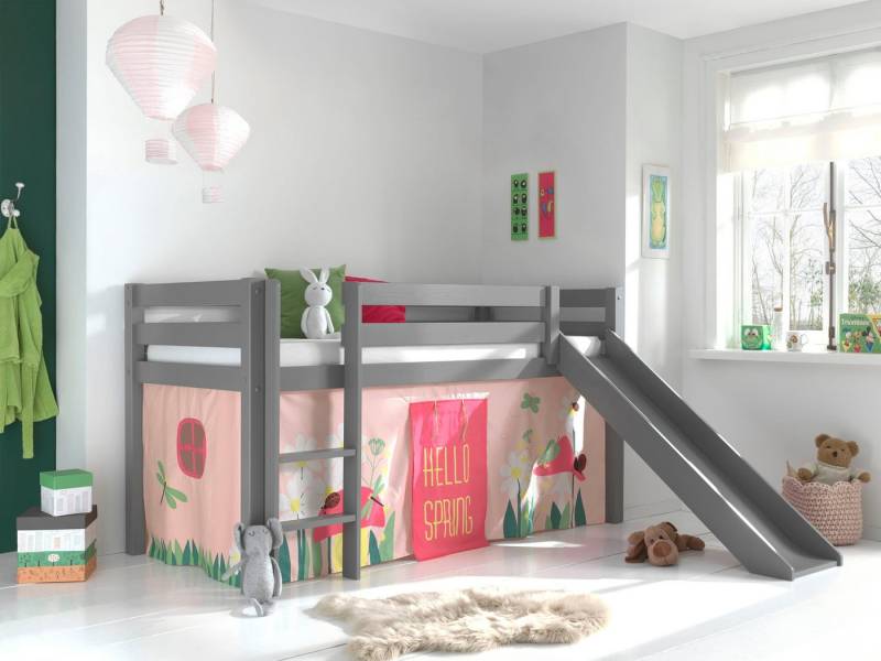 Vipack Hochbett Pino, Spielbett massiv Kiefer, stabil gebaut, 3 Korpusfarben zur Wahl (inkl. Rolllattenrost, Leiter und Absturzschutz, mit oder ohne Rutsche) Textil-Set "Spring", inkl. Vorhang, mit oder ohne Tunnel von Vipack