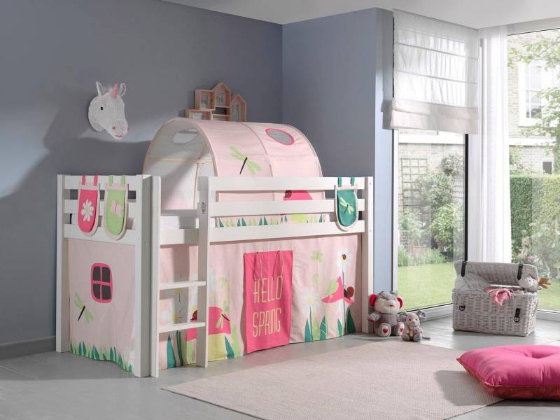 Vipack Hochbett Pino, Spielbett massiv Kiefer, stabil gebaut, 3 Korpusfarben zur Wahl (inkl. Rolllattenrost, Leiter und Absturzschutz, mit oder ohne Rutsche) Textil-Set "Spring", inkl. Vorhang, mit oder ohne Tunnel von Vipack