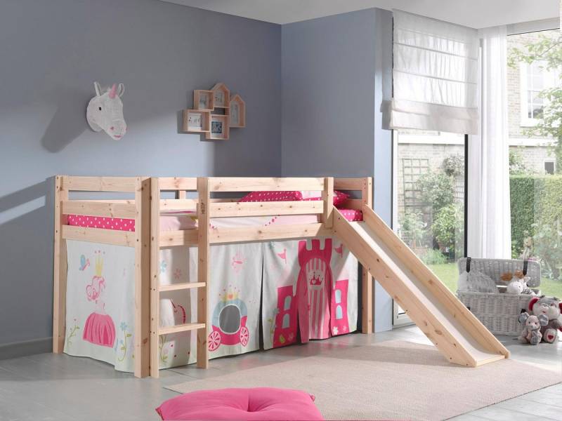 Vipack Hochbett Pino, Spielbett massiv Kiefer, stabil gebaut, 3 Korpusfarben zur Wahl (inkl. Rolllattenrost, Leiter und Absturzschutz, mit oder ohne Rutsche) Textil-Set "Princess", inkl. Vorhang, mit oder ohne Tunnel von Vipack
