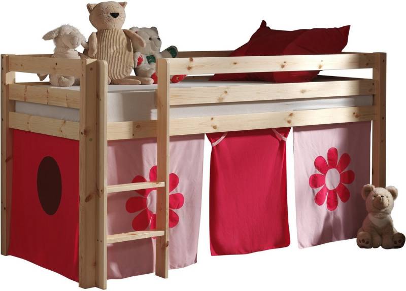Vipack Hochbett Pino, inkl. Rolllattenrost, Leiter und Absturzschutz (B/H/T ca. 210x114x106cm, massiv Kiefer, verschiedene Farben) inklusive Textil-Vorhang "Flower" von Vipack