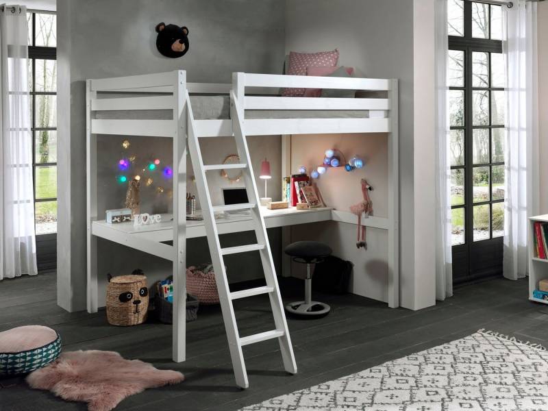Vipack Hochbett Pino, Kiefer massiv, sehr standfest, Made in Europe, mit Sessel (B/H/T ca. 209x190x215cm, mit großer Schreibplatte und Leiter) inkl. Rolllattenrost, Absturzschutz, 2 Breiten zur Auswahl von Vipack