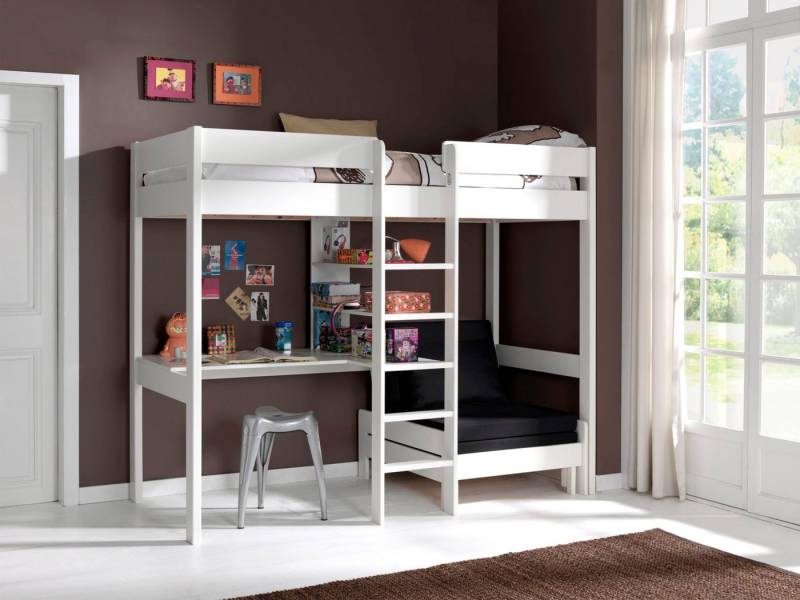 Vipack Hochbett Pino, Kiefer massiv, viel Funktion auf kleinem Raum, Made in Europe (B/H/T ca. 208x175x105/206cm, inkl. Schlafsessel, Schreibtisch, Regal) inkl. Rolllattenrost, Absturzschutz oben, 2 Farben zur Auswahl von Vipack