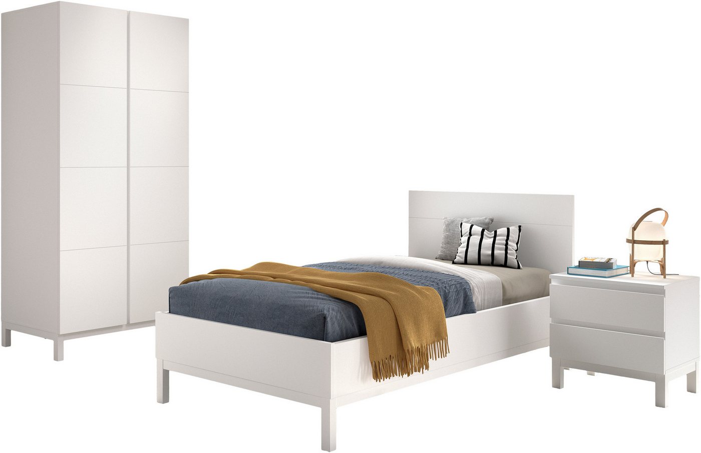 Vipack Jugendzimmer-Set Set best. aus Einzelbett 90/200, Nachtkonsole, Kleiderschrank 2-trg., (3-tlg), in gradlinigem Design, pflegeleichte lackierte Oberfläche in Weiß von Vipack