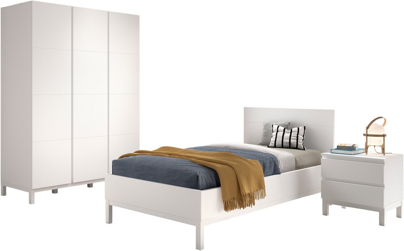 Vipack Jugendzimmer-Set Set best. aus Einzelbett 90/200, Nachtkonsole, Kleiderschrank 3-trg., (3-tlg), in gradlinigem Design, pflegeleichte lackierte Oberfläche in Weiß von Vipack