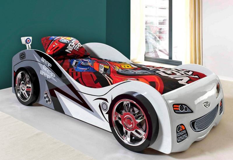 Vipack Autobett Liegefläche 90/200, Räder mit Felgen-Optik, schickes Design (B/H/T ca. 240x65x110cm, hochglanz weiß/grau lackiert, mit Lattenrost), feststehende Räder, hochwertiges MDF Trägermaterial, coole Optik von Vipack