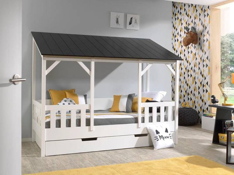 Vipack Kinderbett Hausbett, aus MDF und Massivholz, Dach schwarz oder weiß (B/H/T ca. 214,2x174x105,3cm, inkl. umlaufende Umrandung), wahlweise mit oder ohne Bettschublade auf Rollen von Vipack