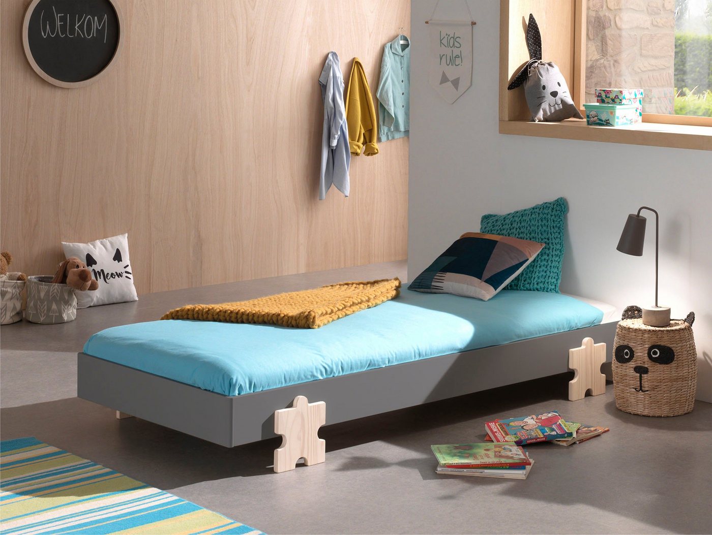 Vipack Kinderbett Modulo, Jugendbett, Einzelbett, Stapelbett mit Füßen in Puzzleoptik von Vipack