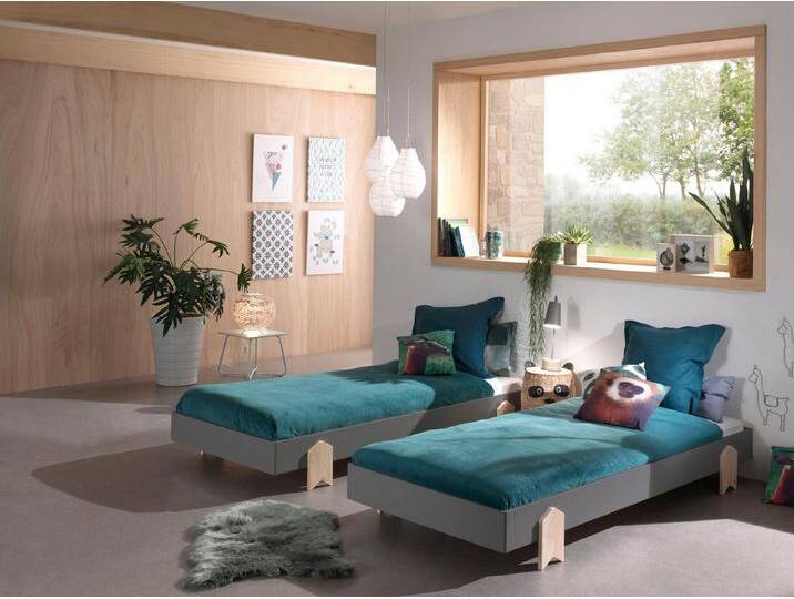 Vipack Kinderbett Modulo (Made in Europe), Jugendbett, Einzelbett, Stapelbett mit Füßen in Pfeiloptik, grau, 2 Einzel-/Stapelbetten (Set), Grau von Vipack