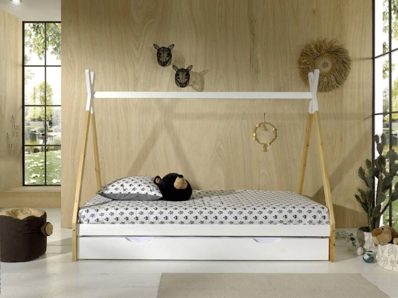 Vipack Kinderbett TIPI, Kiefer massiv, 2-farbig lackiert, mit Rolllattenrost (B/H/T ca. 206x158,2x98cm, Querstange kann hübsch dekoriert werden), 90/200, wahlweise mit oder ohne Schublade von Vipack