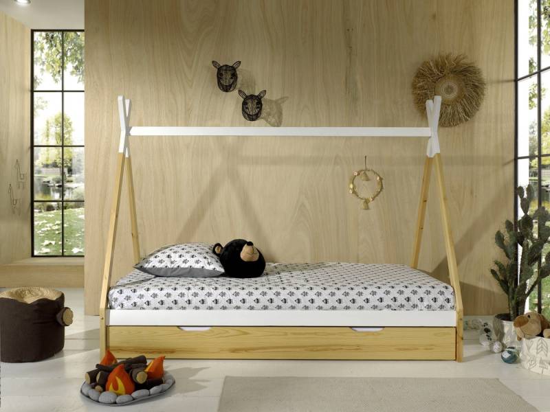 Vipack Kinderbett TIPI, Kiefer massiv, 2-farbig lackiert, mit Rolllattenrost (B/H/T ca. 206x158,2x98cm, Querstange kann hübsch dekoriert werden), 90/200, wahlweise mit oder ohne Schublade von Vipack